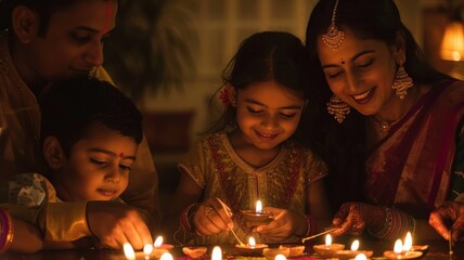 Family Celebrating Diwali with Lit Diyas..