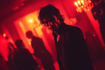 A mysterious vampire lurks in the shadows of a dimly lit nightclub during a haunting, crimson night
