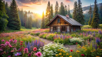 Fototapeta premium Cozy cabin nestled amidst lush forest, surrounded by vibrant wildflowers, captured in soft, dreamy watercolor hues, evoking a sense of serene rustic escapism.