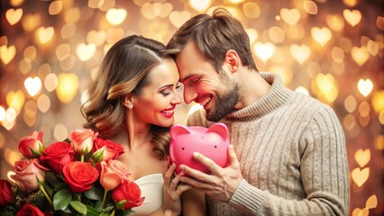 Cozy couple holding heart-shaped money box, surrounded by roses and candies, celebrating love and financial harmony on a warm, blurred Valentine's Day background.