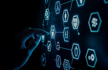 Hand interacting with medical icons on a digital screen, health tech concept with hexagonal background.