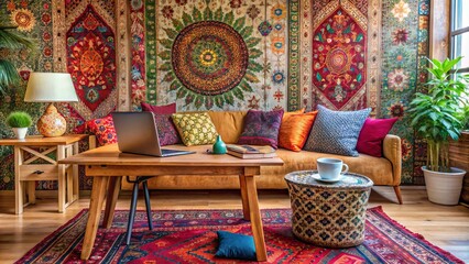 Cozy Indian-inspired home office with a laptop computer sitting on a wooden desk surrounded by colorful throw pillows, decorative rugs, and ornate wall hangings.