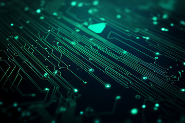  Abstract representation of a circuit board with glowing neon lines and geometric patterns against a dark background. The image evokes a high-tech, futuristic feel with ample copy space