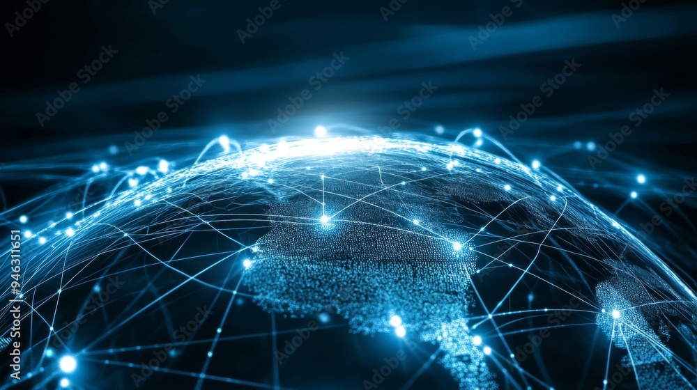 Poster a globe with interconnected digital lines and network nodes, symbolizing global communication and th