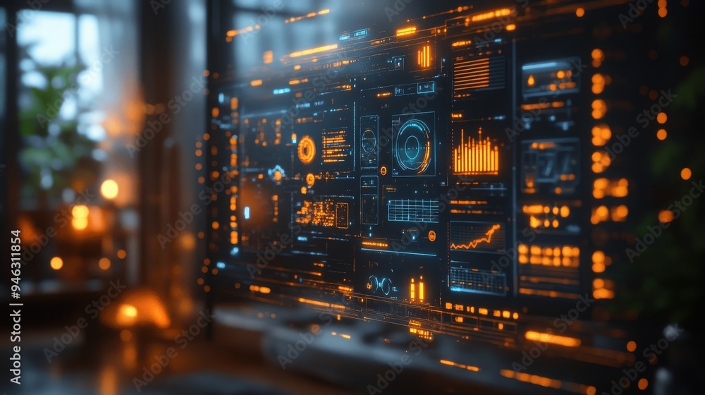 Poster a holographic interface displays dynamic visualizations, tracking energy metrics in a contemporary o