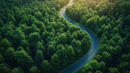 Aerial View of Winding Road Through Lush Forest
