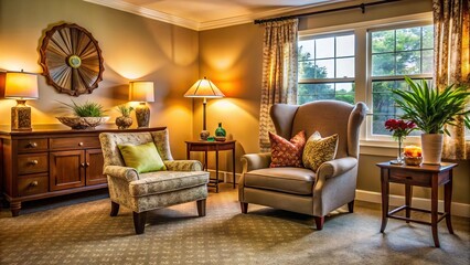 Cozy senior living space with comfortable armchair, warm lighting, and nostalgic decor, evoking feelings of comfort, serenity, and relaxation in later life.