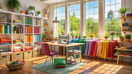 Cozy, well-organized sewing studio with natural light, surrounded by bolts of colorful fabric, threads, and tools, inviting creatives to bring their visions to life.