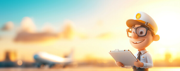 Fototapeta premium A cheerful cartoon pilot holding a clipboard, ready for adventure against a vibrant sunset and airplane backdrop.