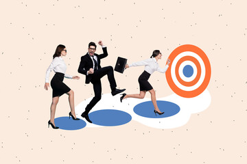 Creative collage picture young businesspeople colleagues formalwear achieve goal aim target...