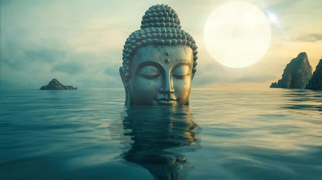 A Buddha statue head in the sea is very beautiful. seamless looping time-lapse virtual 4k video Animation Background.