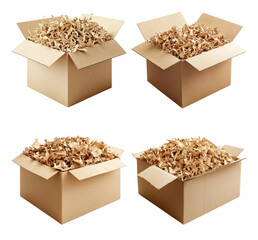 Open cardboard boxes filled with wood shavings isolated on transparent background