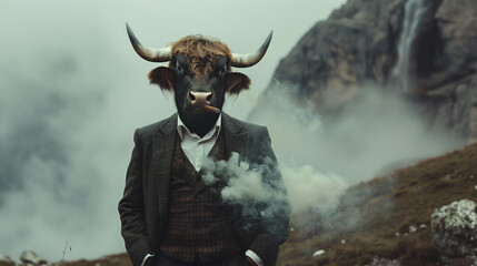 A photo of a bull in a suit standing confidently on a mountain, smoking a cigar. The smoke is billowing. The atmosphere is filled with a thin mist hanging low over the rugged terrain. The air is cool 
