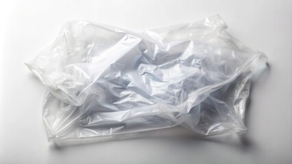 Obraz premium Crumpled, transparent plastic vacuum-sealed empty bag lying flat on a clean white surface, with creases and folds, awaiting its next contents or storage use.