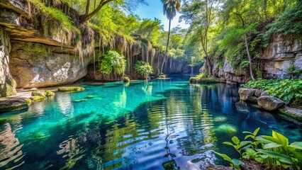 Crystal-clear turquoise water fills a lush, vine-draped cenote in Mexico's tropical jungle, surrounded by ancient stone walls and vibrant green foliage.