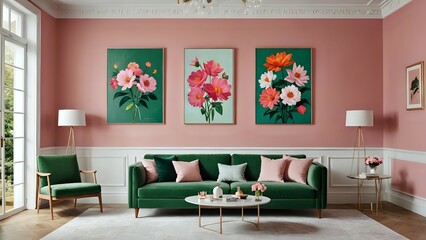 Elegant living room with pink walls, green velvet sofa, floral artwork, and a white rug.