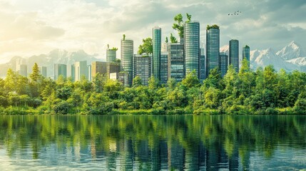 Fototapeta premium Green Cityscape with Mountains and Lake