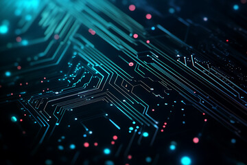  Abstract representation of a circuit board with glowing neon lines and geometric patterns against a dark background. The image evokes a high-tech, futuristic feel with ample copy space