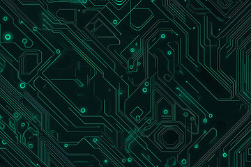  Abstract representation of a circuit board with glowing neon lines and geometric patterns against a dark background. The image evokes a high-tech, futuristic feel with ample copy space