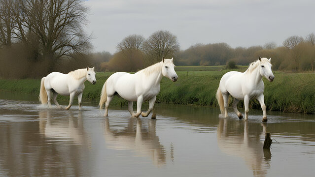 White horses of the cam argue river landscape on forest background,