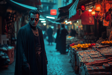 Obraz premium Dracula wanders through a vibrant marketplace at dusk, surrounded by colorful stalls and curious onlookers in a mysterious setting