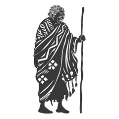 Elderly Woman in Traditional Clothing Holding a Staff