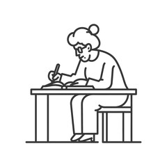 Elderly woman sitting at a desk writing in a notebook