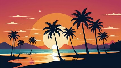 Fototapeta premium Silhouette of palm trees on a beach at sunset.