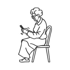 Elderly Woman Sitting on a Chair and Using a Smartphone