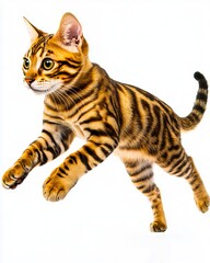 A small brown and black cat running on a white background