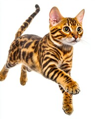 A small brown and black cat jumping in the air