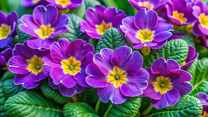 Delicate, velvety purple primrose flowers bloom in clusters, showcasing intricate yellow centers and delicate petals, set against a soft, dreamy green foliage background.