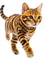 A small brown and black cat running on a white background
