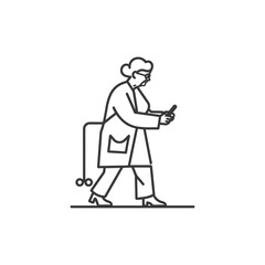 Elderly Woman Walking with a Cane and Using a Smartphone