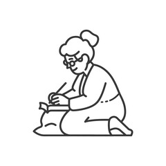 Elderly Woman Writing While Kneeling on a Pillow