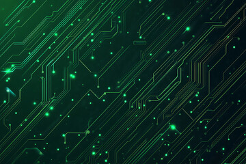  Abstract representation of a circuit board with glowing neon lines and geometric patterns against a dark background. The image evokes a high-tech, futuristic feel with ample copy space