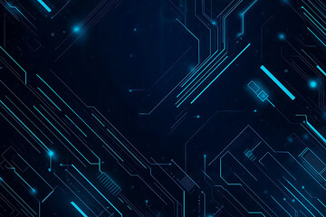  Abstract representation of a circuit board with glowing neon lines and geometric patterns against a dark background. The image evokes a high-tech, futuristic feel with ample copy space