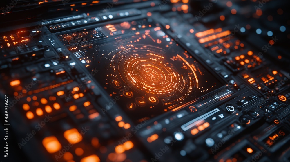 Poster a futuristic holographic interface displays intricate controls for video editing, illuminated by vib