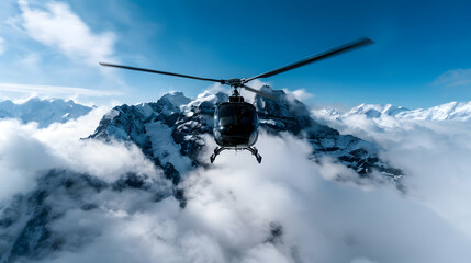 Helicopter Flying Over Mountain Covered Clo