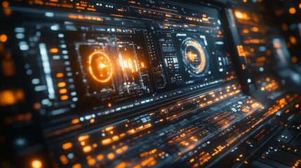 Obraz premium A holographic interface showcases interactive controls and data displays for video editing within a high-tech workspace setting.