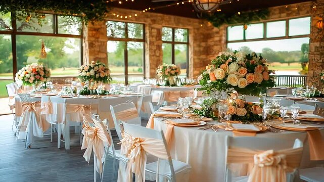 Elegant Indoor Wedding Reception with Classic Gold and White Decor for Summer Celebrations