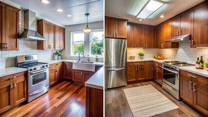 Dramatic before-and-after contrast of a dingy, outdated kitchen transformed into a sleek, modern space with gleaming appliances, rich wood cabinets, and vibrant countertops.