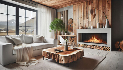 White sofa by the fireplace and rustic live edge coffee table made of tree trunk logs. Modern living room with large windows