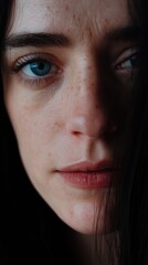 A contemplative young woman gazes thoughtfully with striking blue eyes and subtle freckles
