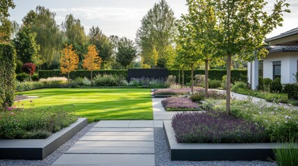 Modern Garden Design with Stone Pathway and Lavender