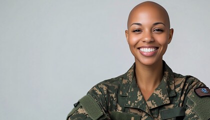 Smiling female soldier in camouflage uniform Beauty of Woman in concept Breast Cancer Awareness