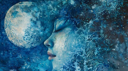 Dreamy Abstract Face in Blue with Moon.