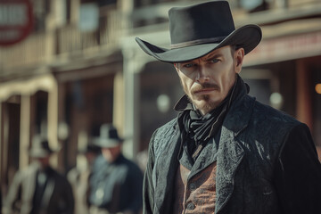 A wild vampire cowboy in stunning attire stands confidently on a dusty street under the warm sun of an old-time Western town