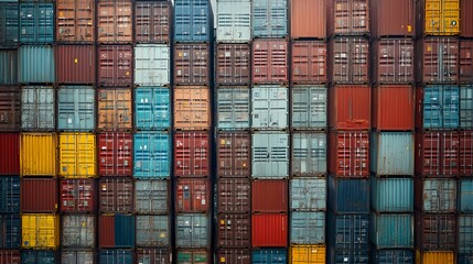 Fototapeta premium A colorful arrangement of shipping containers stacked in a port for transport and storage.