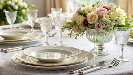 Elegant dinner plate setting with fine china, crystal glass, and polished silverware on a crisp white linen tablecloth, adorned with a delicate floral centerpiece.